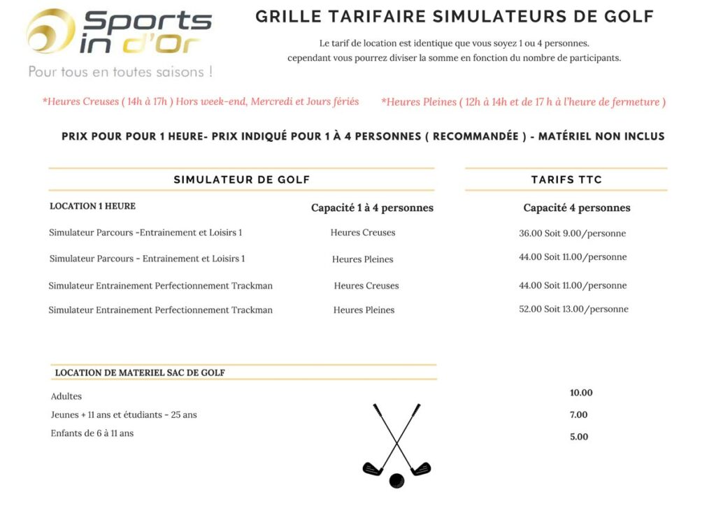 Tarifs simulateur de golf Sports in d'Or Sens / Malay le Grand