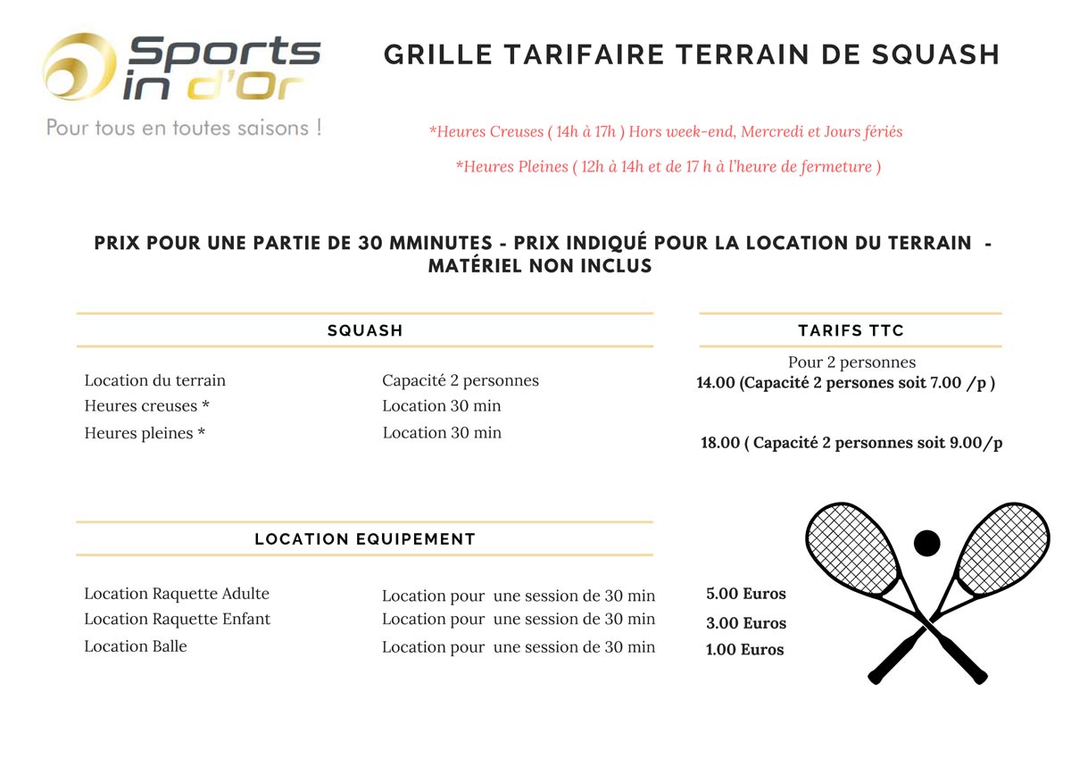 Tarifs Squash Sports in d'Or Sens - Malay le Grand